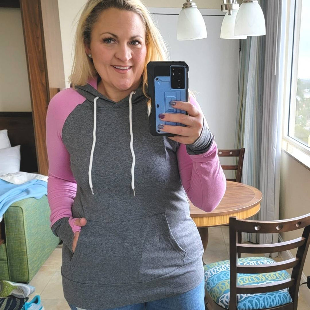 Jordan Womens Pullover, womens heathered grey with pink sleeves, long sleeve womens pullover hoodie with thumbholes, kangaroo pocket, Shown in large Shop7degrees