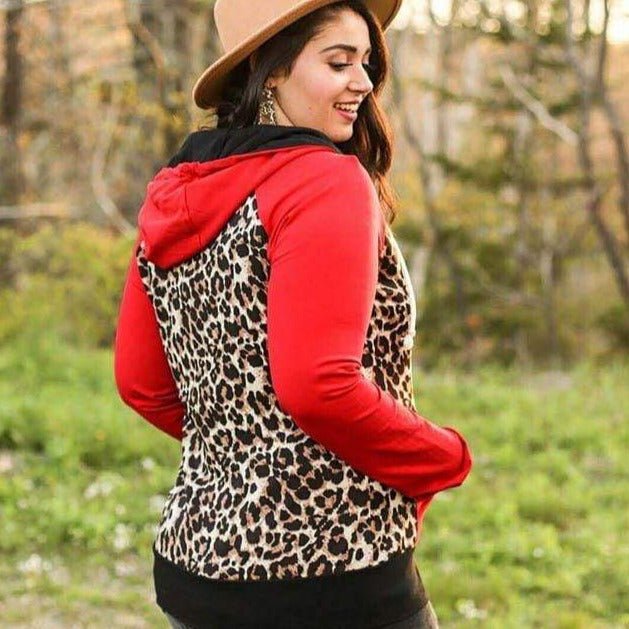 Leopard Love womens Full Zip hoodie, leopard print and red long sleeves with thumbholes and black accents, back view - 7degrees
