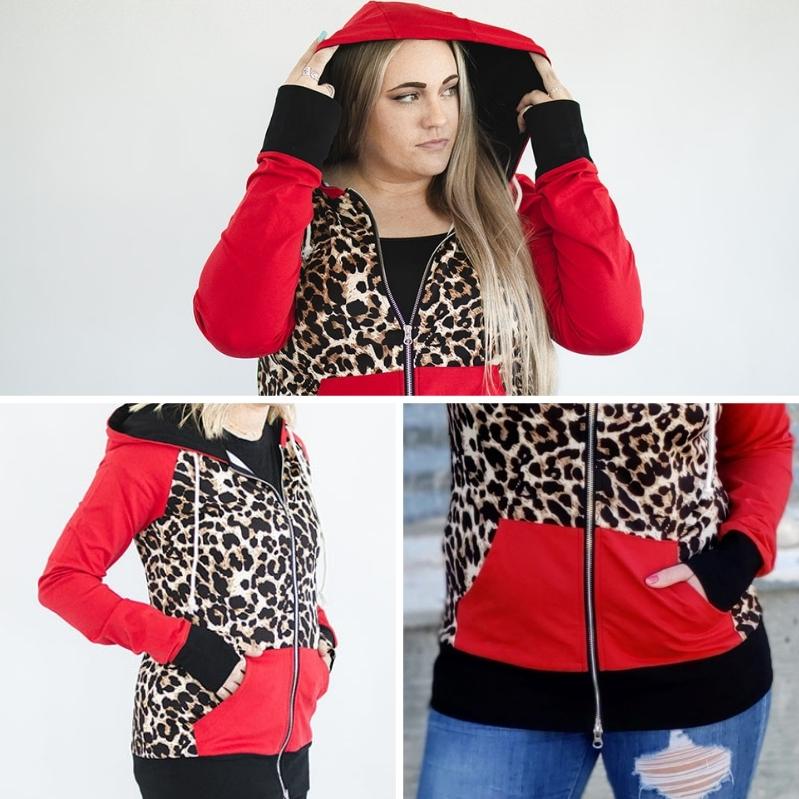 Gallery detail view Leopard Love womens Full Zip hoodie, leopard print and red long sleeves with thumbholes and black accents- 7degrees