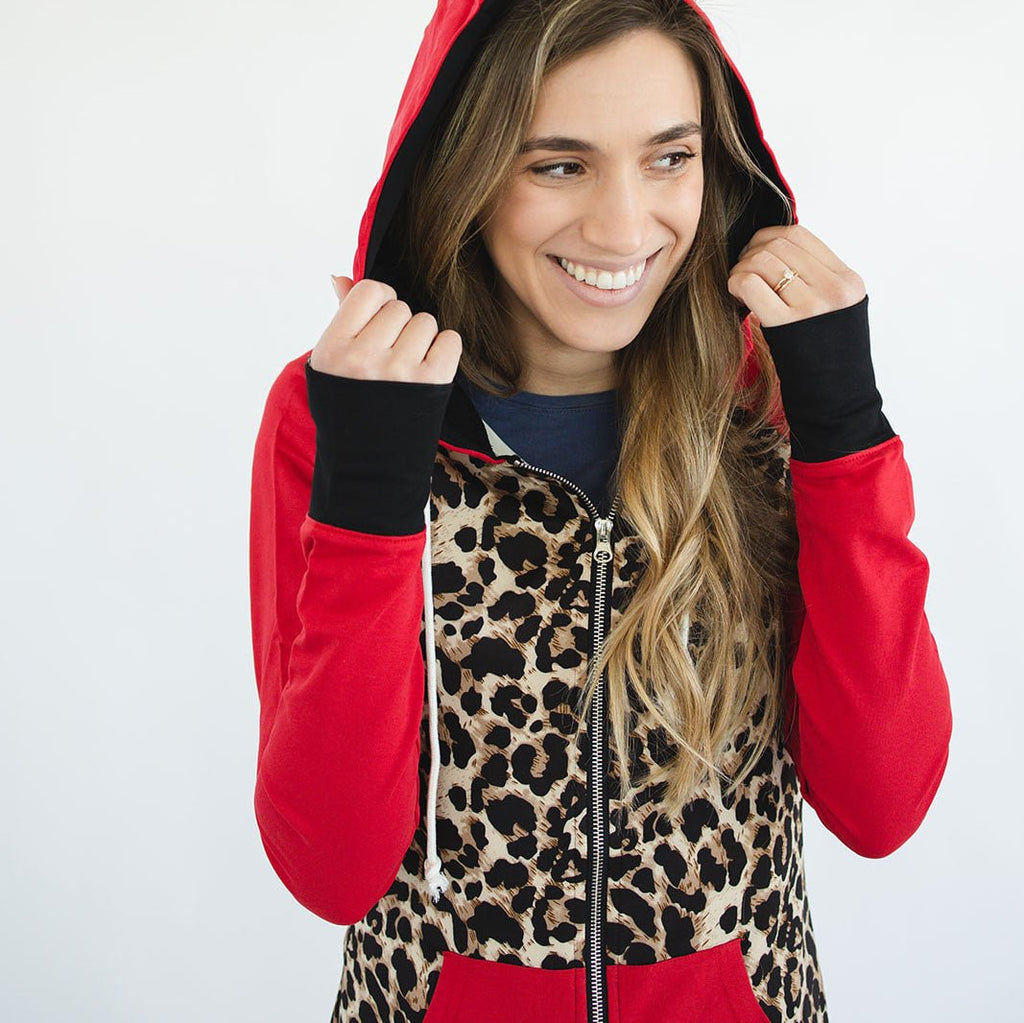 Leopard Love womens Full Zip hoodie, leopard print and red long sleeves with thumbholes and black accents - Shown in XS 7degrees