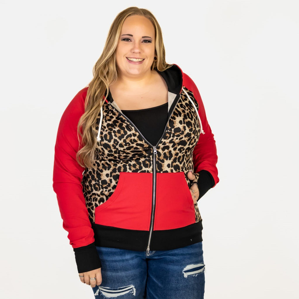 Leopard Love womens Full Zip hoodie, leopard print and red long sleeves with thumbholes and black accents, plus size womens casual fashion- shown in size 2X, 7degrees