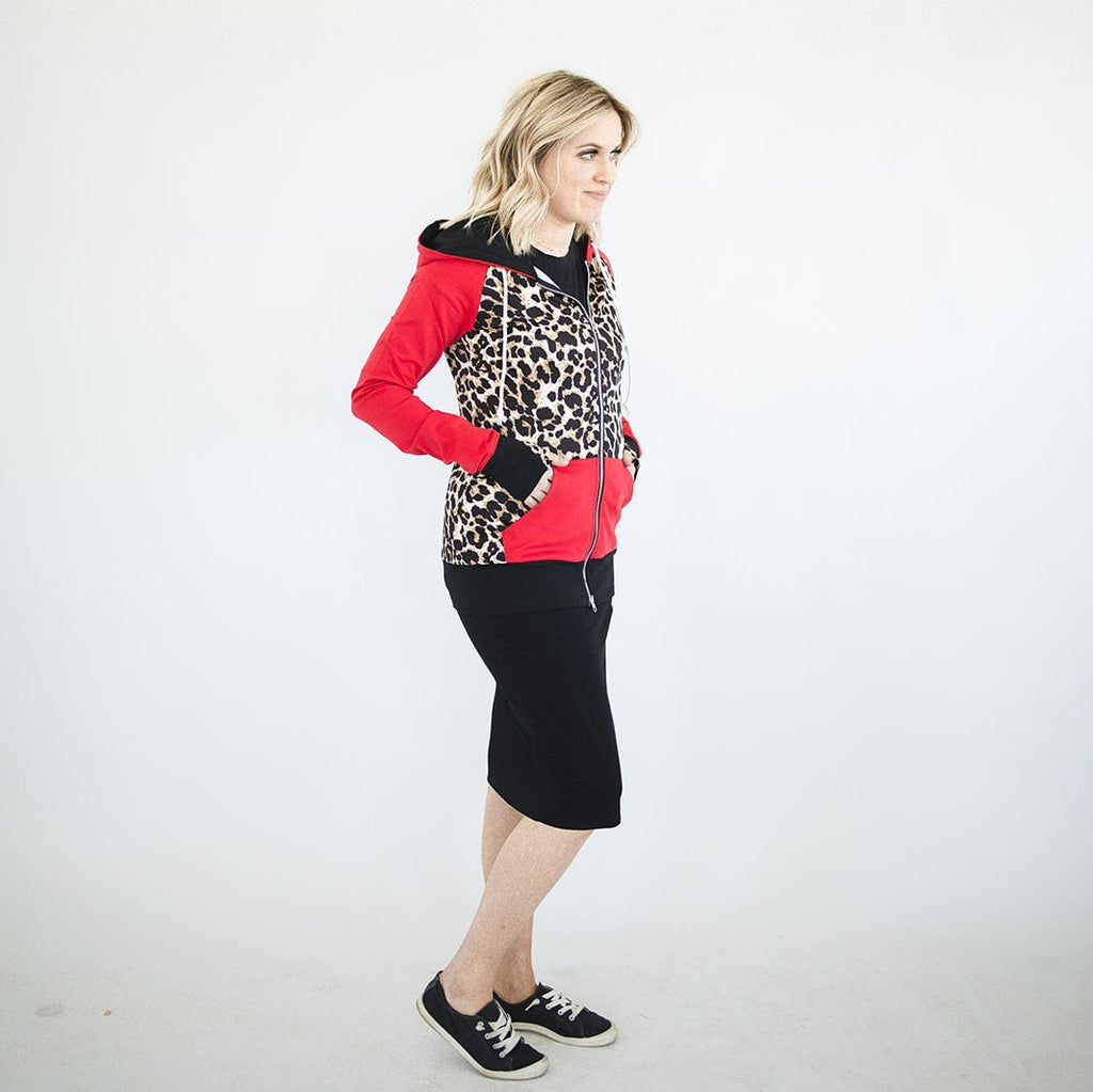 Leopard Love womens Full Zip hoodie, leopard print and red long sleeves and black accents, casual womens fashion hoodie - Shown in small, 7degrees