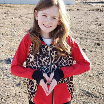 Leopard Love Kids full zip hoodie with thumbholes leopard print kids clothing, red long sleeves with black accents 