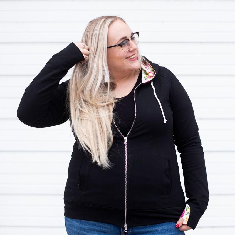 Lexi Black Floral Full zip womens hoodie, casual womens fashion, double zipper, black full zip hoodie with floral accent and comfortable thumbholes, terry knit medium weight womens hoodie, plus size womens fashion- Shown in 2X Shop7degrees