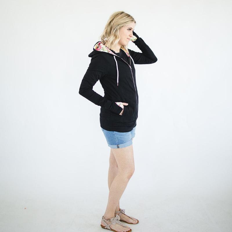 Lexi Black Floral Full zip womens hoodie, casual womens fashion, double zipper, black full zip hoodie with floral accent and comfortable thumbholes, terry knit medium weight womens hoodie- Shown in size Small Shop7degrees