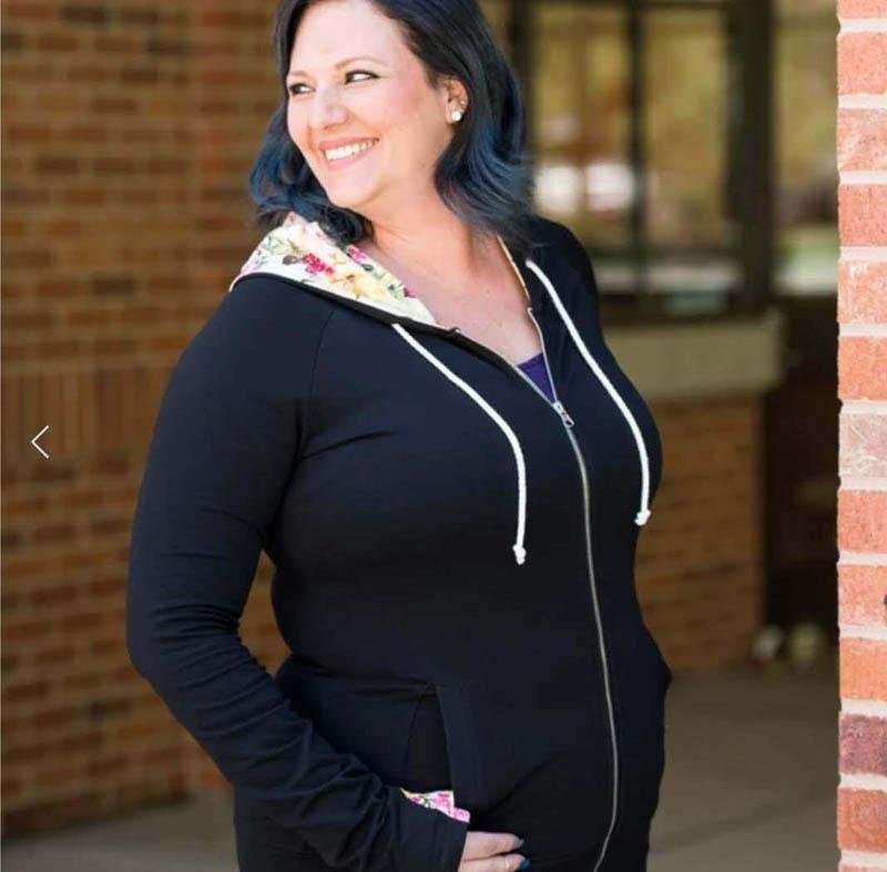 Lexi Black Floral Full zip womens hoodie, casual womens fashion, double zipper, deep lined hood and inside pocket, black full zip hoodie with floral accent and comfortable thumbholes, terry knit medium weight womens hoodie- Shop7degrees