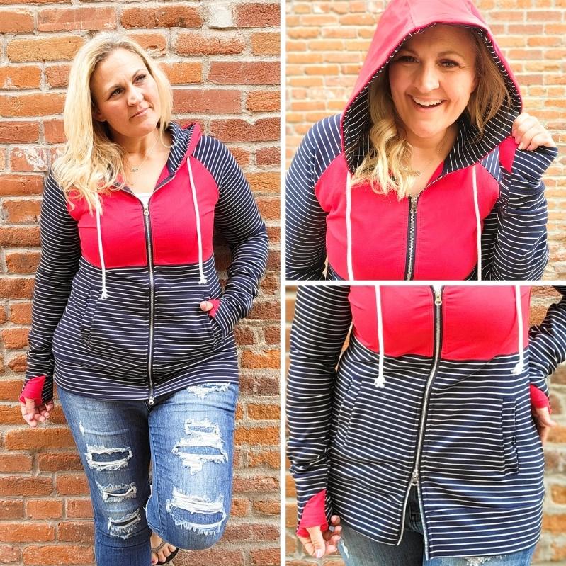 Gallery detail views Liberty Womens Full zip Hoodie, blue and white stripe with red accent, double zipper, long sleeve with thumbholes, womens casual fashion hoodie - 7degrees