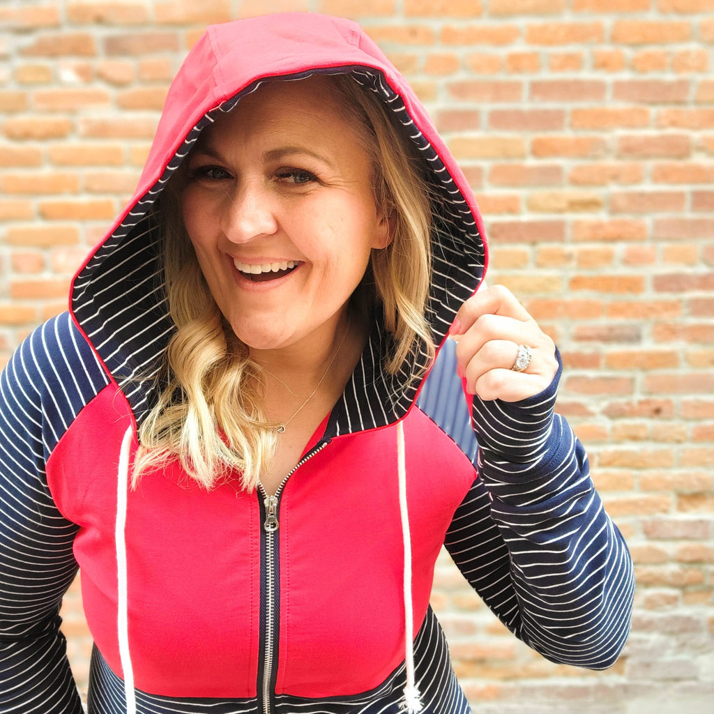 Liberty Women's Full zip Hoodie, blue and white stripe with red accent, long sleeve with thumbholes, women's casual fashion hoodie, larger hood detail image - 7degrees