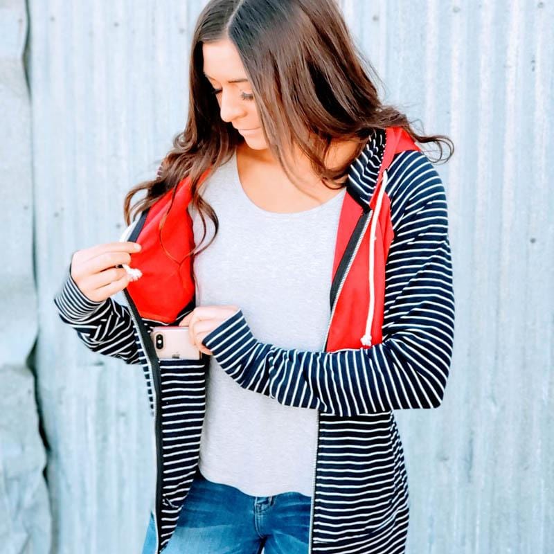 Liberty Women's Full zip Hoodie, blue and white stripe with red accent, inside pocket and double zipper, long sleeve with thumbholes, women's casual fashion hoodie, shown in size small- 7degrees