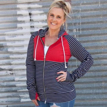 Liberty Womens Full zip Hoodie, blue and white stripe with red accent, long sleeve with thumbholes, womens casual fashion hoodie - 7degrees
