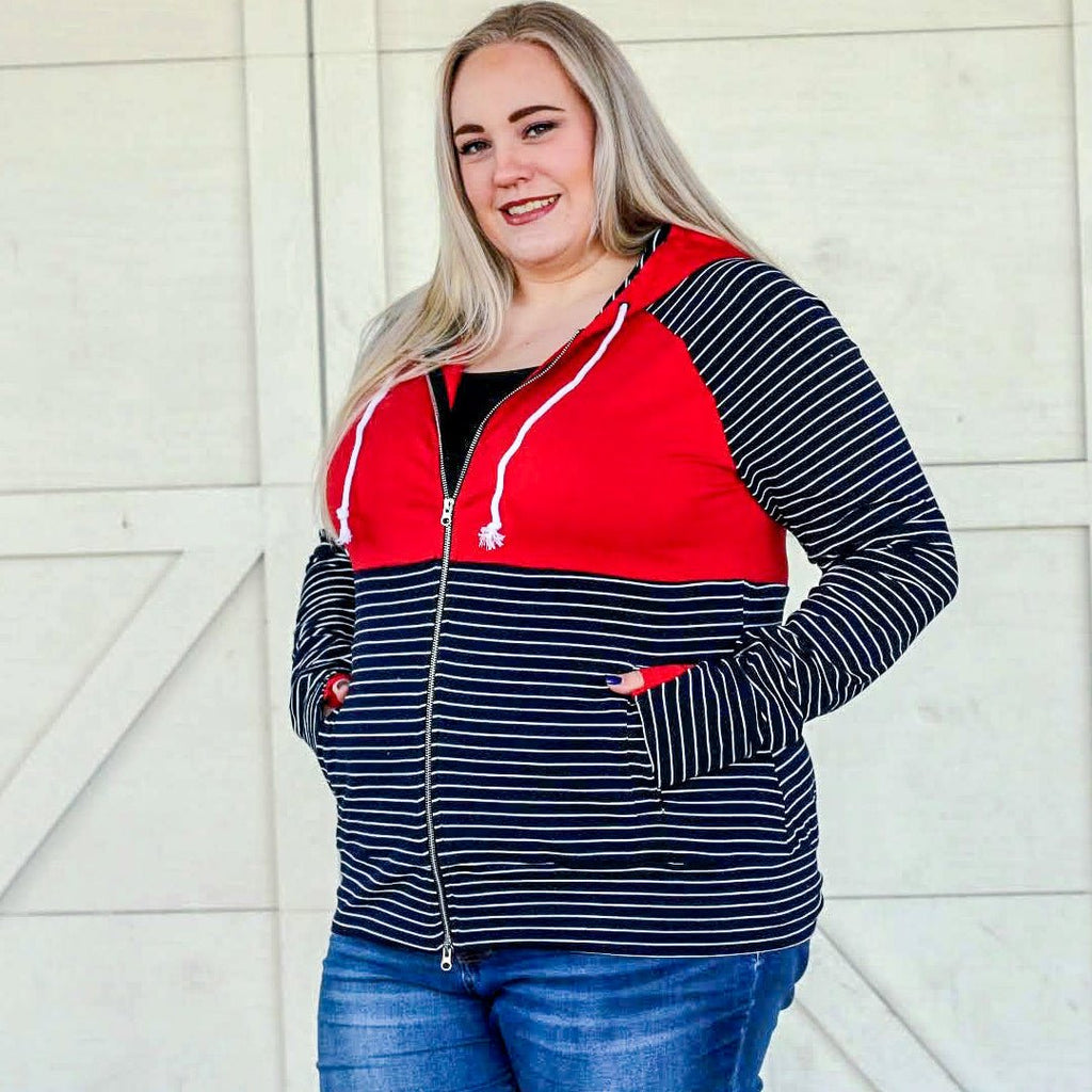 Liberty Women's Full zip Hoodie, blue and white stripe with red accent, long sleeve with thumbholes, women's casual fashion hoodie, plus size women's clothing - Shown in 2X 7degrees