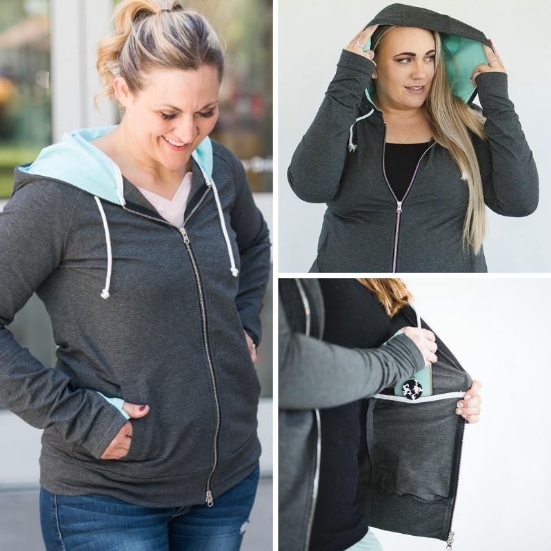 Gallery detail view Lindee Grey Full Zip Womens hoodie, Grey with mint accents, long sleeves with thumbholes, double zipper and extra large hood, inside pocket - 7degrees