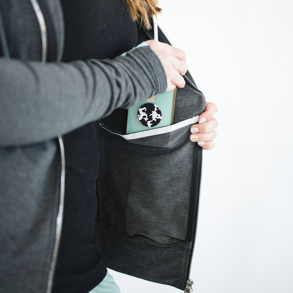 Lindee Grey Full Zip Womens hoodie, Grey with mint accents, inside pocket view - Shop7degrees