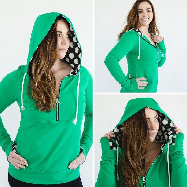 Gallery detail view Lucky Half Zip Womens hoodie, Green with large black and white polka dot accent, long sleeve with thumbholes, half zip womens hoodie - Shop7degrees