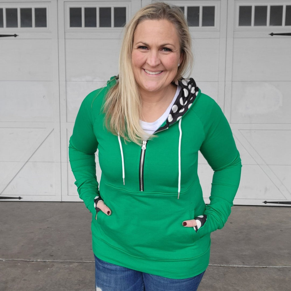 Lucky Half Zip Womens hoodie, Green with large black and white polka dot accent, long sleeve with thumbholes, half zip womens hoodie, shown in size large - Shop7degrees
