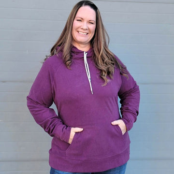 Lux Fleece Berry Pullover Woman Hoodie, comfortable thumbholes, crossneck design, buttery soft berry purple fleece - Shop7degrees
