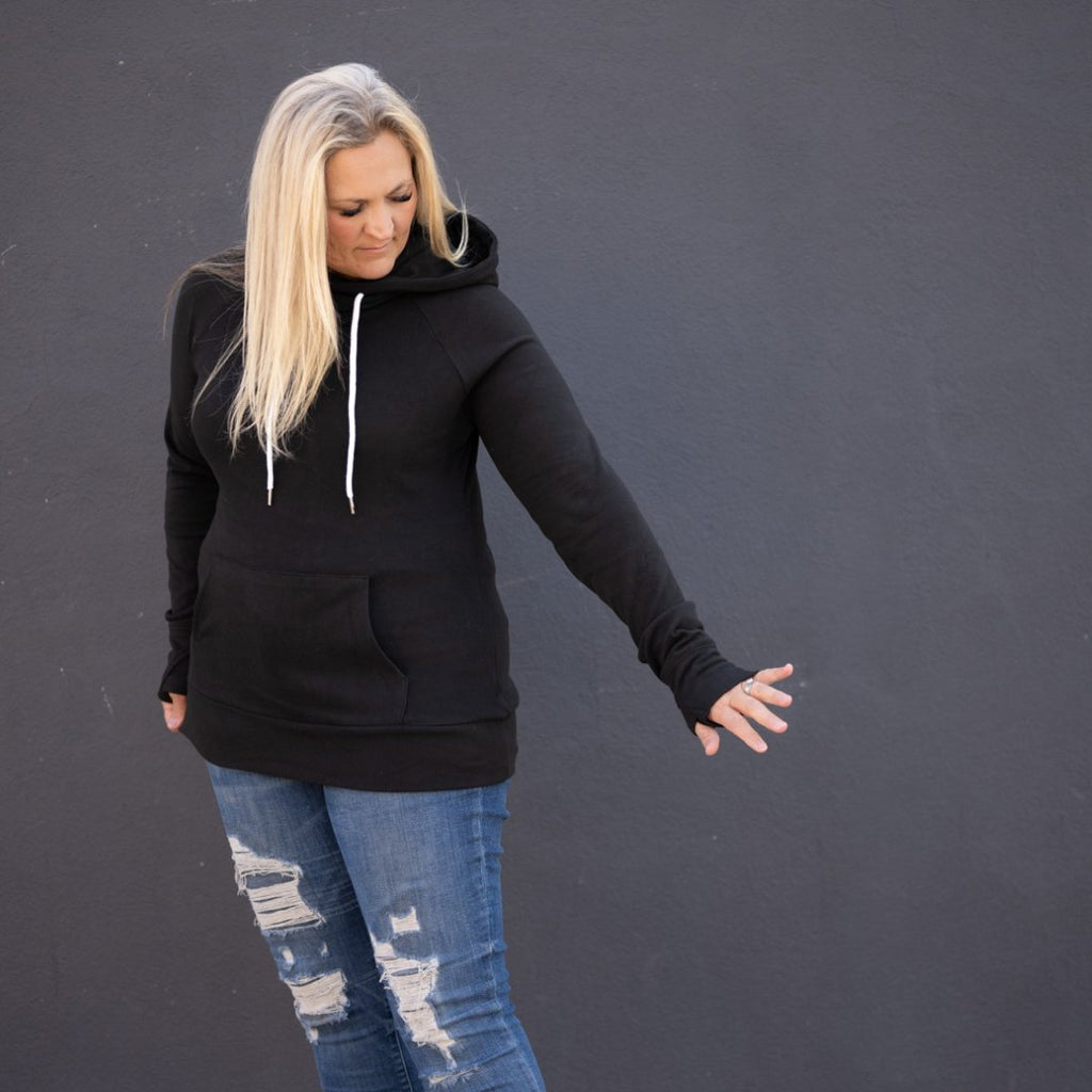 Lux Fleece Black Pullover Woman Hoodie, longer sleeves with comfortable thumbholes, longer body, kangaroo pocket - Shop7degrees