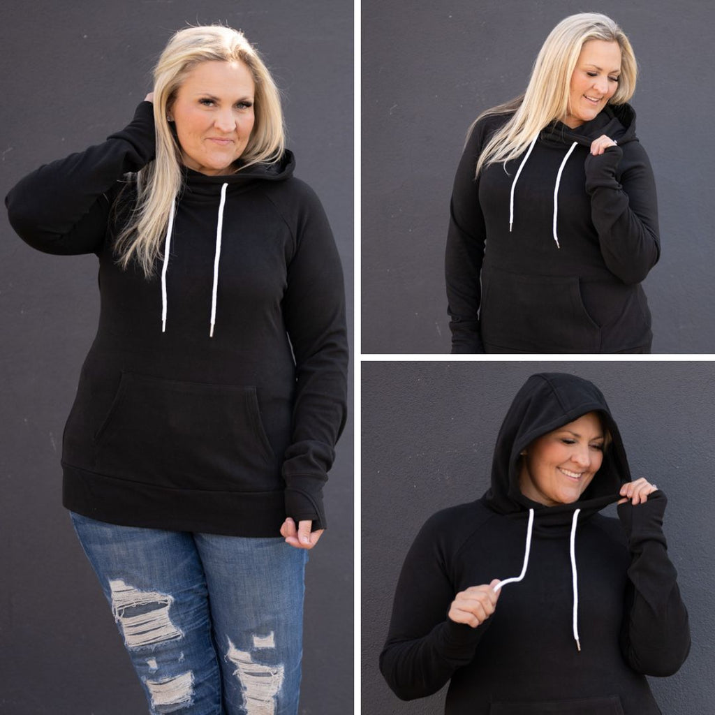 Gallery View - Lux Fleece Black Pullover Woman Hoodie, longer body, longer sleeves, extra large deep hood - Shop7degrees