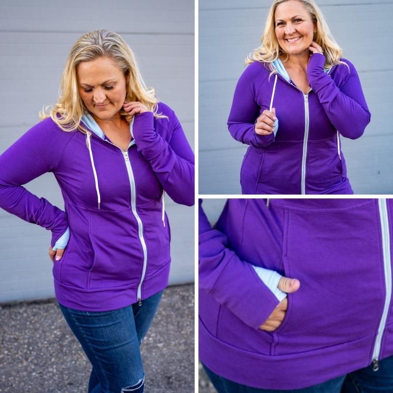 Gallery detail view Maggie Full Zip Hoodie womens hoodie, Purple womens hoodie with baby blue accents, long sleeve with thumbholes, double zipper - Shop7degrees