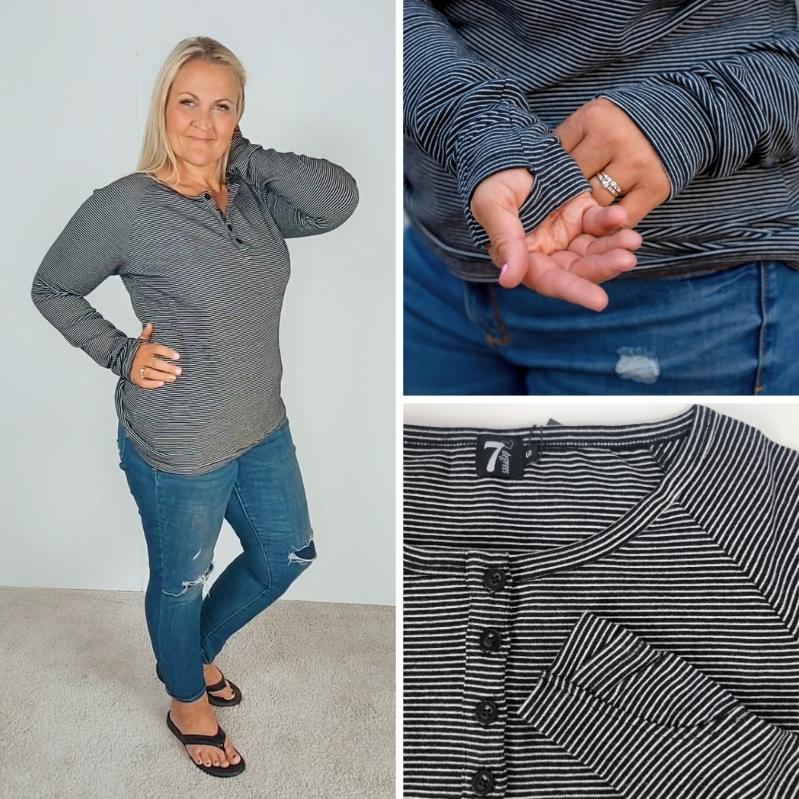 Gallery detail view Marin Ribbed Long Sleeve Womens Henley Top, Black and white pinstripe henley womens top, ribbed top, long sleeve with thumbholes - Shop7degrees