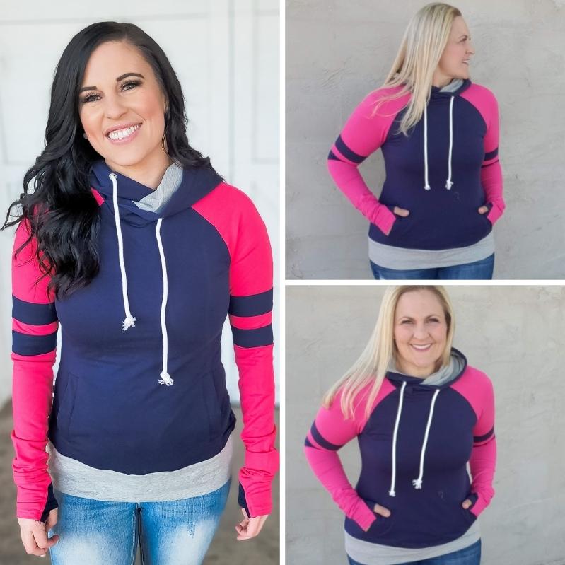 Gallery view Marley Pullover, blue womens pullover with pink sleeves and grey accents, longer body womens pullover - Shop7degrees