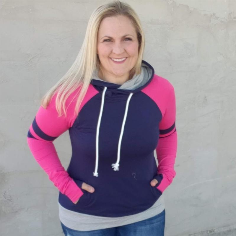 Marley Pullover, blue womens pullover with pink sleeves and grey accents, longer body womens pullover - Shop7degrees