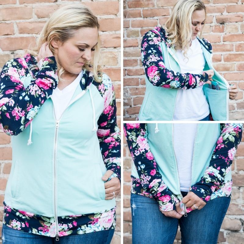 Gallery detail view Mint Julep Full Zip Women Hoodies, Mint hoodie with navy floral sleeves, double zipper, long sleeves with comfortable thumbholes, Womens fashion hoodie - Shop7degrees