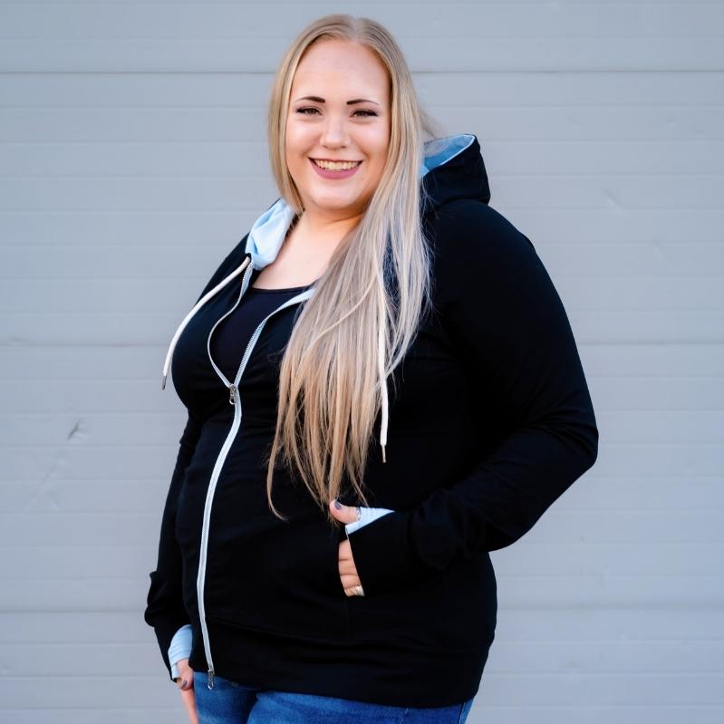 Misty Full zip Womens Hoodie, Black womens hoodie with baby blue accents, long sleeves with thumbholes, double zipper, extra large hoodie, plus size womens fashion, - Shown in size 2X Shop7degrees