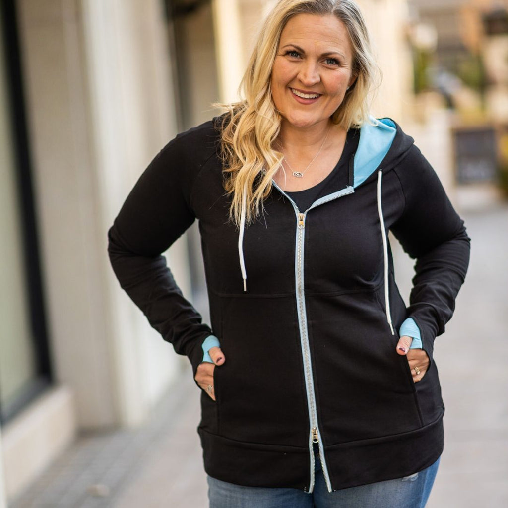 Misty Full zip Womens Hoodie, Black womens hoodie with baby blue accents, long sleeves with thumbholes, double zipper, extra large hoodie -Shown in size Large  Shop7degrees