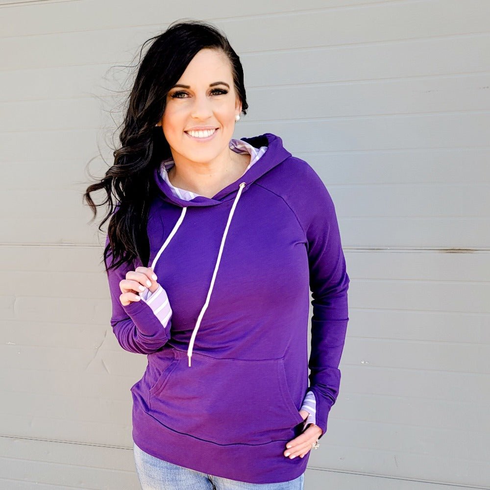 Molly Pullover - Shop7degrees purple pullover with lavendar purple stripe accent thumbholes giant hood hoodie pullover 