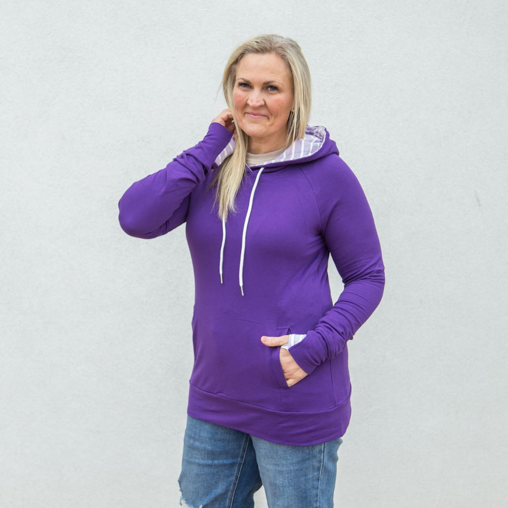 Molly Pullover - Womens purple pullover sweater, longer body, longer sleeved, thumbholes, accent hood - Shop7degrees
