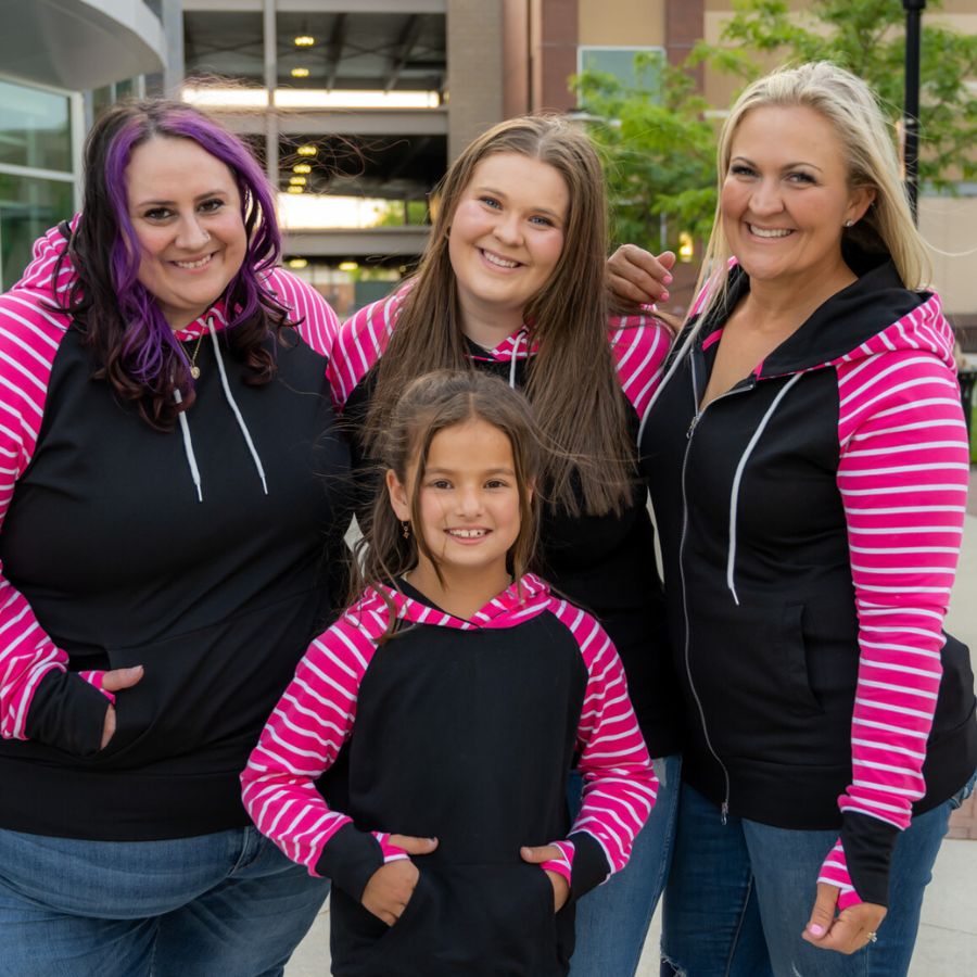 Moxie Kids Pullover, black kids pullover with pink and white stripe sleeves, long sleeves with thumbholes, cute kids clothes - Shown with Adult Trixie Full zip hoodie and Adult Roxy Pullover Shop7degrees