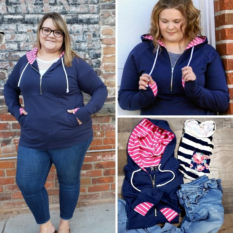 Gallery detail View Navy Half Zip Womens Hoodie, Navy blue womens half zip hoodie with pink and white accents, long sleeves with thumbholes, longer body, Plus size womens clothing - Shop7degrees