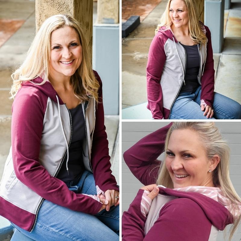 Gallery detail view Quora Full zip Womens hoodie, Maroon, and Taupe accented with a light pink and white stripe accent, double zipper, long sleeves with thumbholes - Shop7degrees