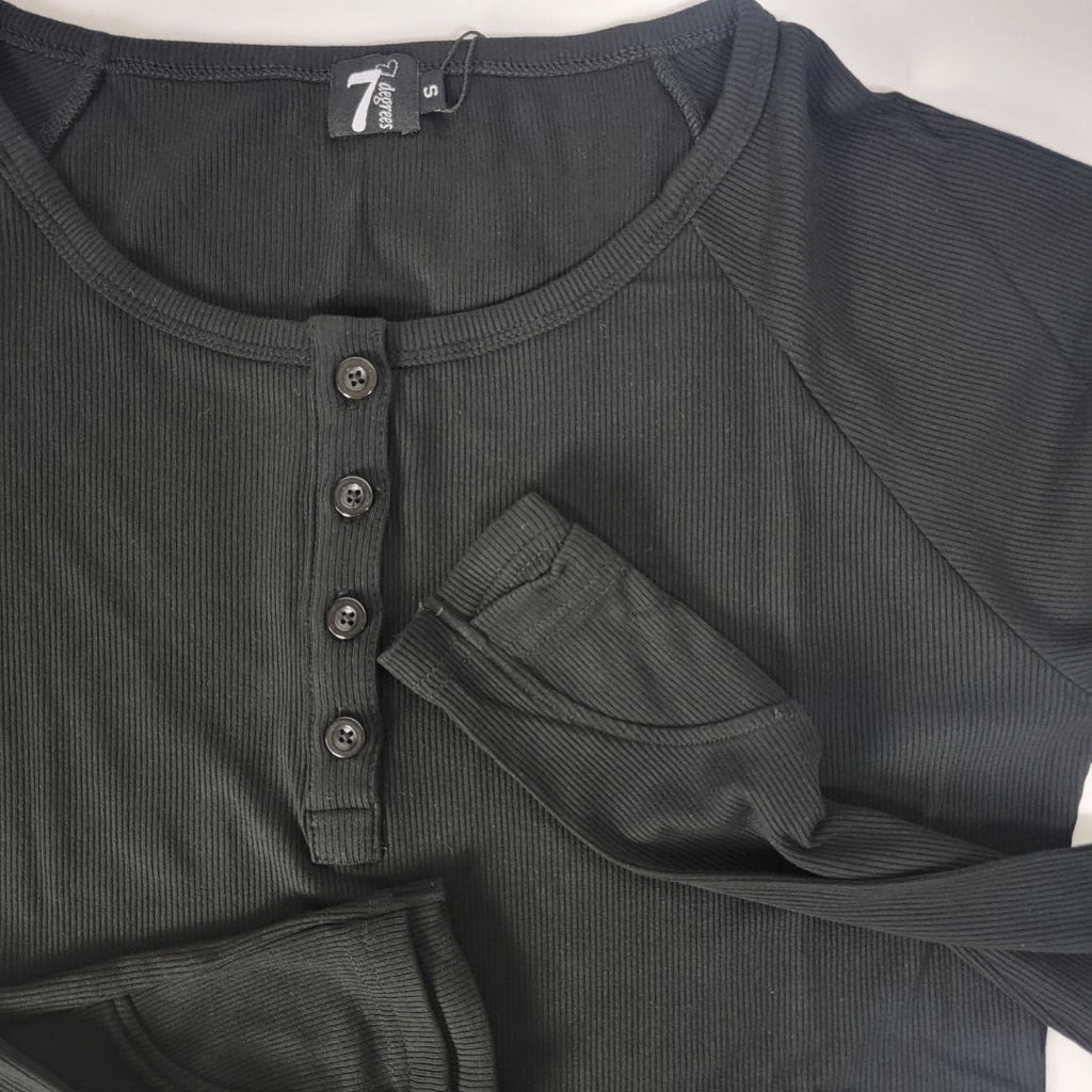 Ribbed Long Sleeve Womens Henley Black, Black Henley womens top, long sleeve womens shirt with thumbholes- detail view Shop7degrees