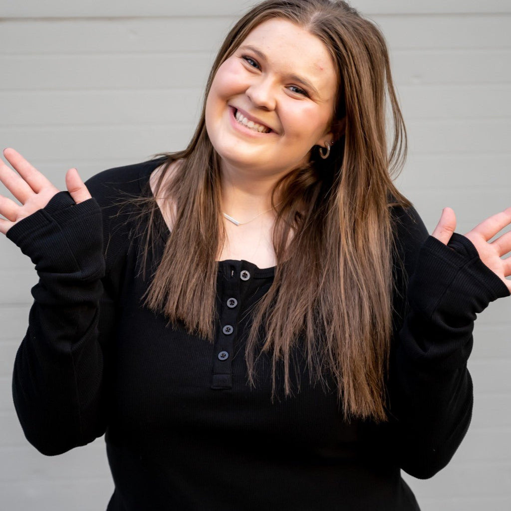 Ribbed Long Sleeve Womens Henley Black, Black Henley womens top, long sleeve womens shirt with thumbholes- Shown in XL Shop7degrees