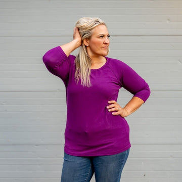 Ribbed Marti Gras 3/4 Length Sleeve, Purple 3/4 sleeve womens top, longer body shirt, purple ribbed womens top, shown in Large Shop7degrees