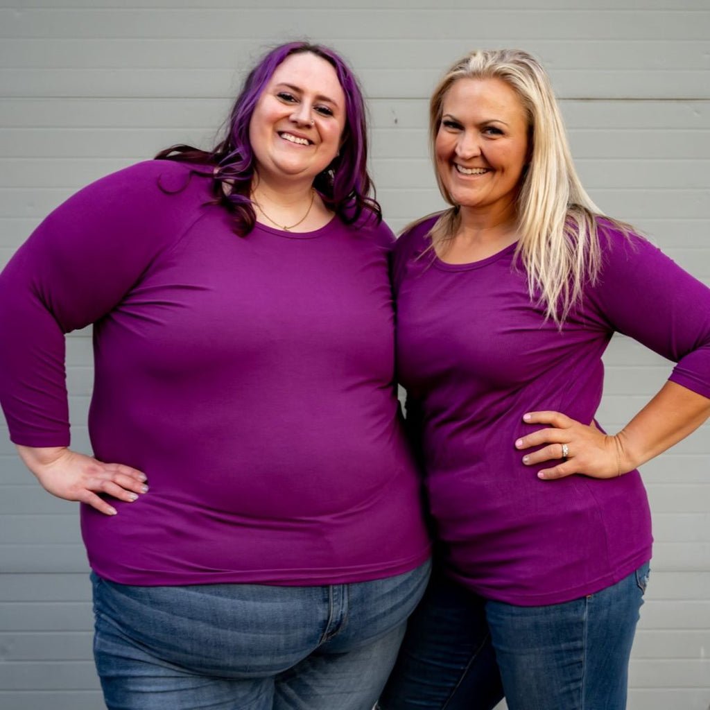 Ribbed Marti Gras 3/4 Length Sleeve, Purple 3/4 sleeve womens top - plus size womens clothing, shown in 4X and Large Shop7degrees