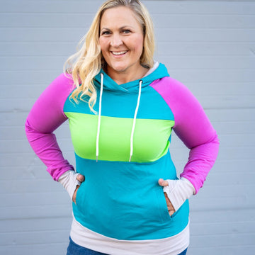 Rickie Pullover Woman's Hoodie Turquoise blue, Bright green, Mauvey/purple, and grey accents, long sleeves with thumbholes - Shop7degrees