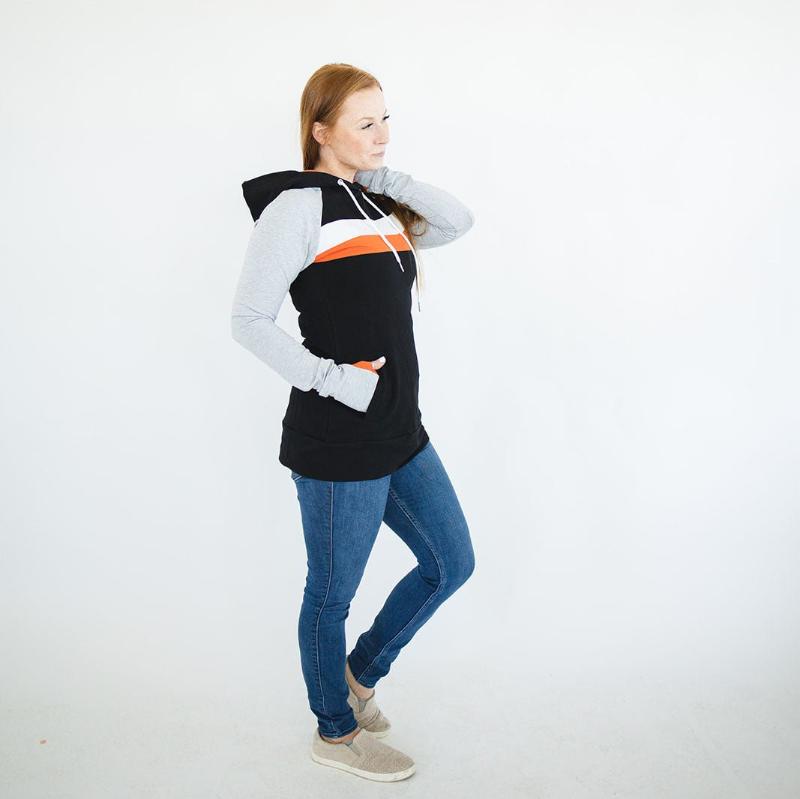 Ridgevue Womens Pullover, black body hoodie with burnt orange and white accents with grey long sleeves, comfort womens clothing - Shown in size XS 7degrees
