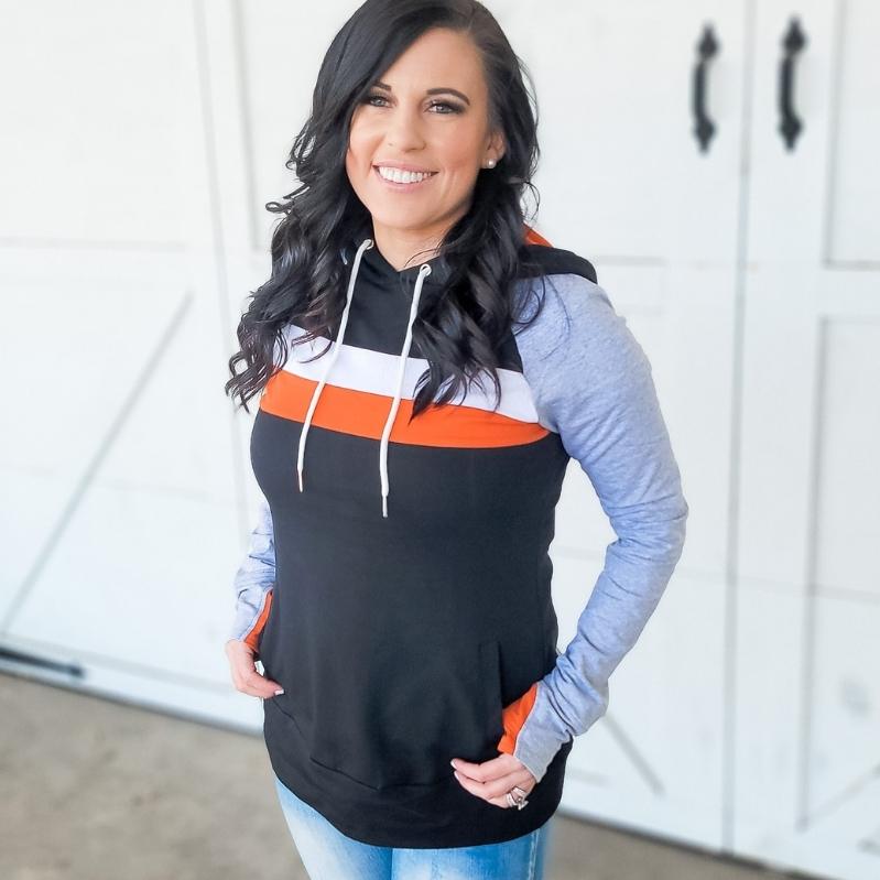 Ridgevue Womens Pullover, black womens hoodie with burnt orange and white accents with grey long sleeves, comfort womens clothing - Shown in size Small Shop7degrees