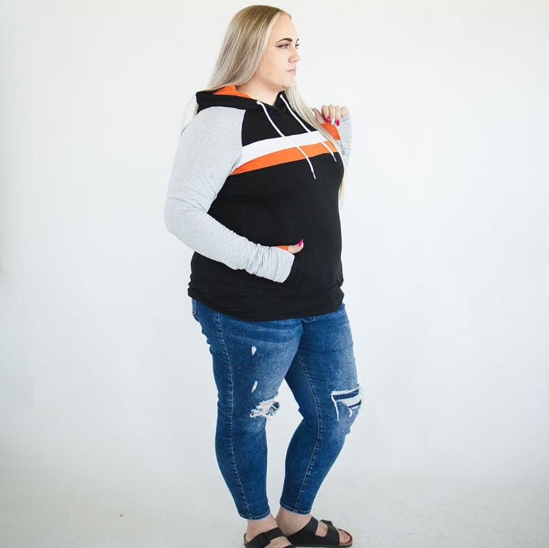 Ridgevue Womens Pullover, black womens hoodie with burnt orange and white accents with grey long sleeves, comfort womens clothing, plus size womens clothing - Shown is size 2X Shop7degrees