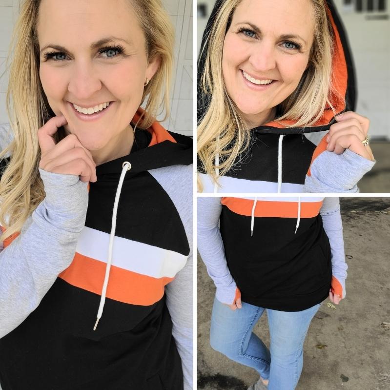 Gallery detail view Ridgevue Womens Pullover, black womens hoodie with burnt orange and white accents with grey long sleeves, comfort womens clothing - 7degrees