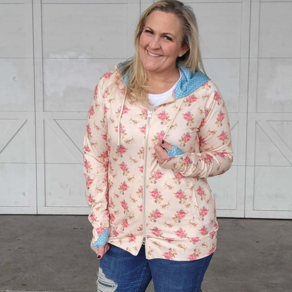 Rosa Full Zip Woman's Hoodie, floral roses print with blue and white polka dot accents, double zipper, long sleeve womens clothing - Shown in size XL 7degrees