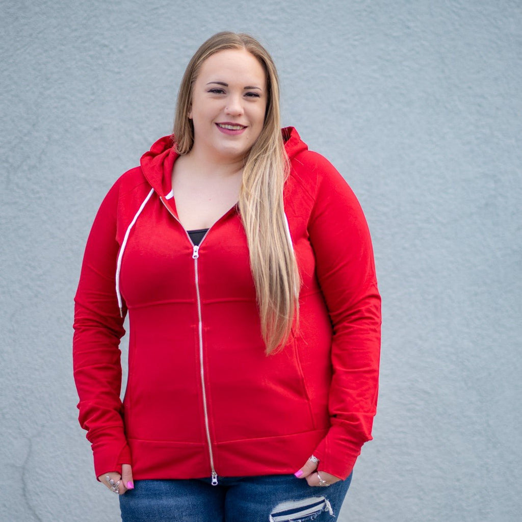 Ruby Red Full Zip Hoodie, plus sizing, inclusive sizing, double zipper, thumbholes, solid colored - Shop7degrees