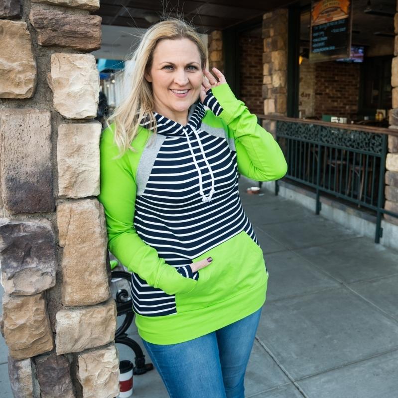 Seattle Pullover, bright green womens pullover hoodie, dark blue and white stripe accents, longer body, longer sleeves with comfortable thumbholes, womens casual fashion pullover hoodie - 7degrees