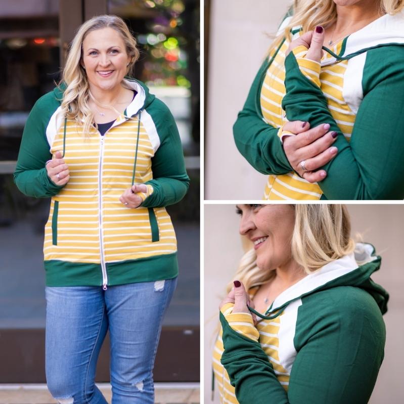 Gallery detail view Stadium Full zip Womens Hoodie, Dark green long sleeve with yellow and white striped body, double zipper, womens clothing - 7degrees