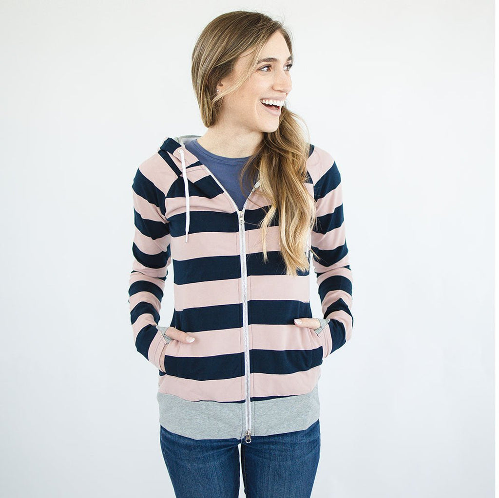 Toula Love Woman's Hoodie, full zip womens hoodie, long sleeves, pink and navy blue striped hoodie, double zipper, shown in XS- Shop7degrees