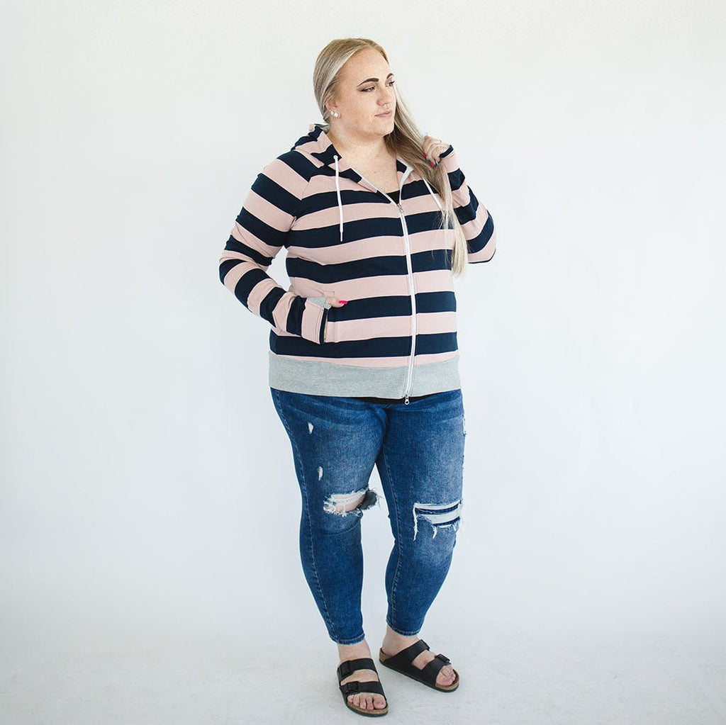 Toula Love Woman's Hoodie, full zip womens hoodie, long sleeves, pink and navy blue striped hoodie, plus size womens hoodie, inclusive sizing, shown in 2X - 7degrees