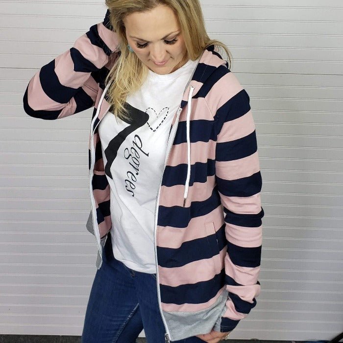 Toula Love Woman's Hoodie, full zip womens hoodie, long sleeves, pink and navy blue striped hoodie, double zipper, shown in large - Shop7degrees